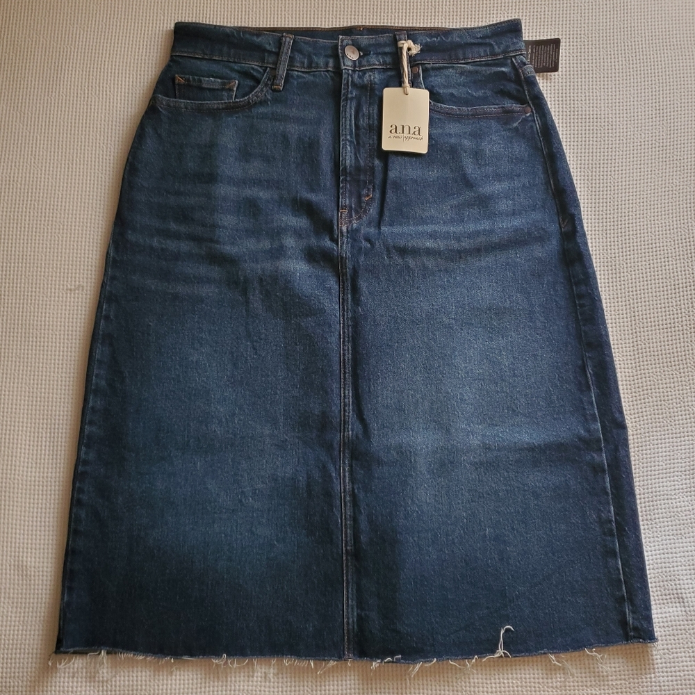 a.n.a Denim Midi Skirt NWT Size 6 Raw Hem Dark Wash A-Line
